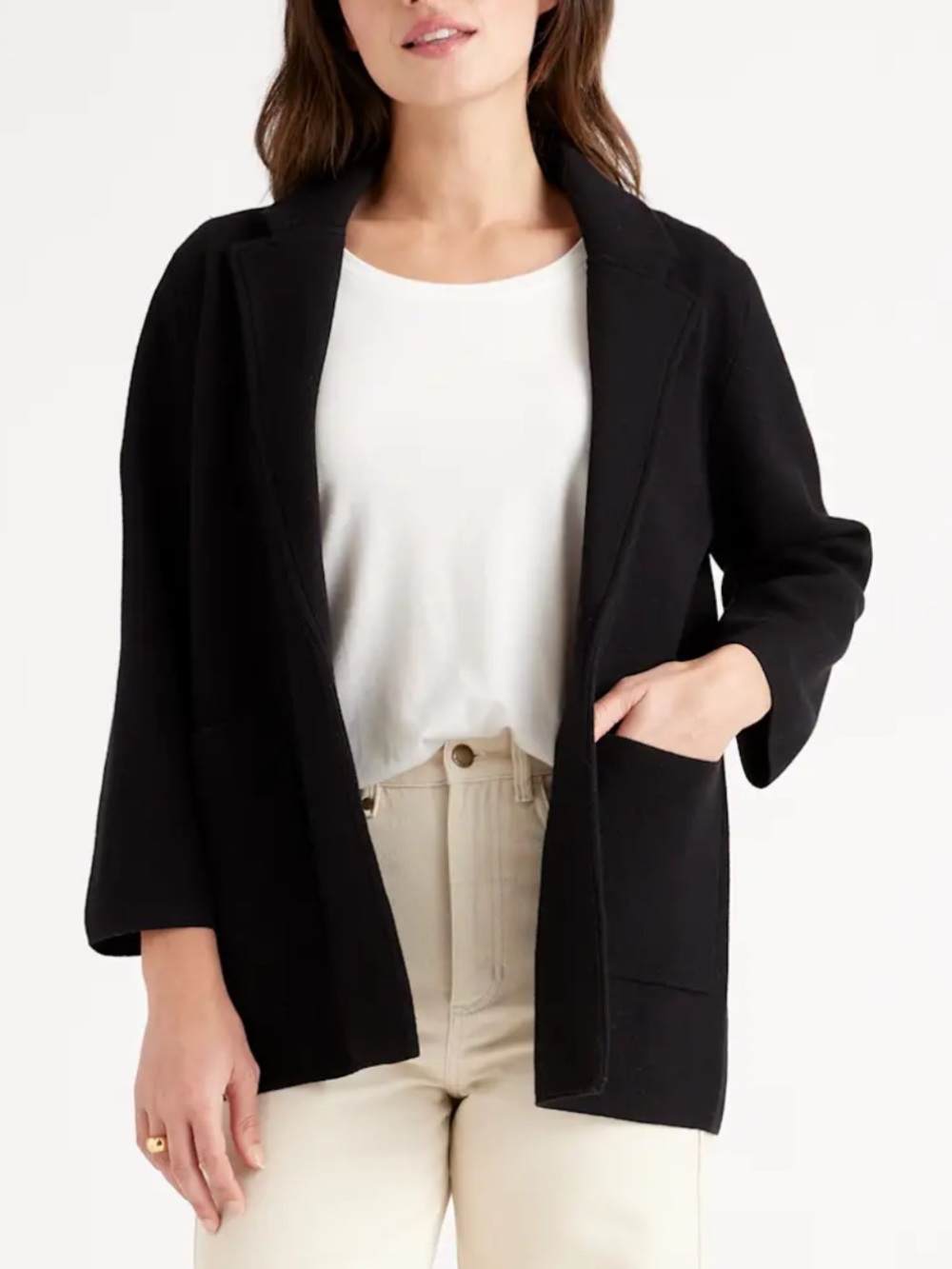 Quince Black Organic Cotton Open Front Knit Blazer Jacket Cardigan Sz M Classic